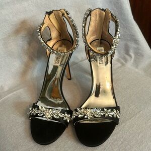 Badgley Mischka Gorgeous Black Satin Stiletto Sandals Rhinestone Embellishments